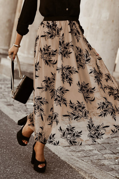 Apricot Floral Leaves High Waist Maxi Skirt