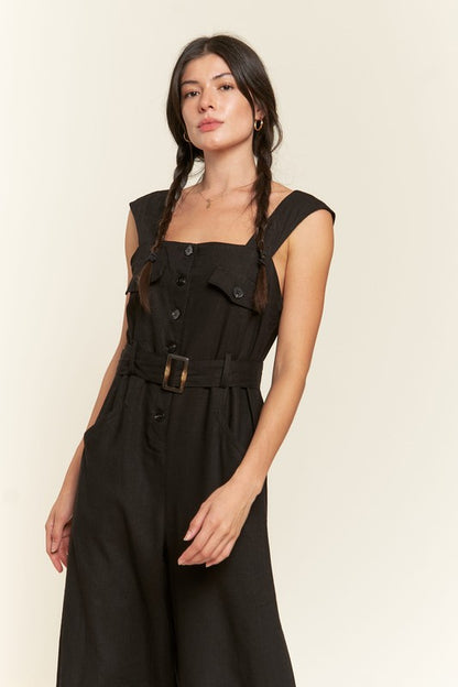 Sleeveless Square Neck Button Down Ankle Jumpsuit