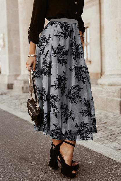 Apricot Floral Leaves High Waist Maxi Skirt