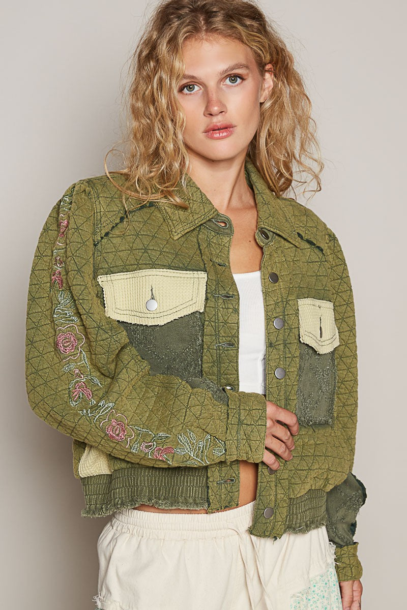 Embroidered Sleeve Raw Edge Quilted Jacket