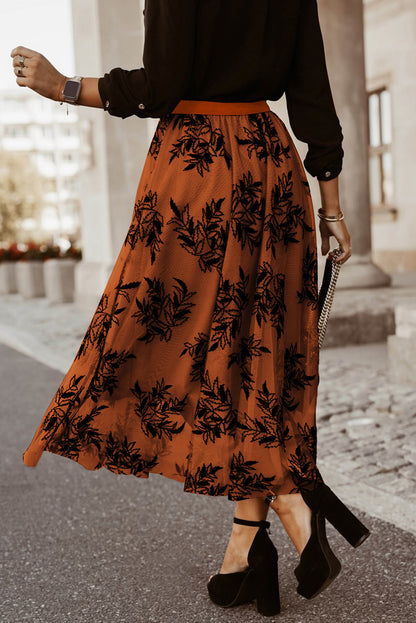 Apricot Floral Leaves High Waist Maxi Skirt