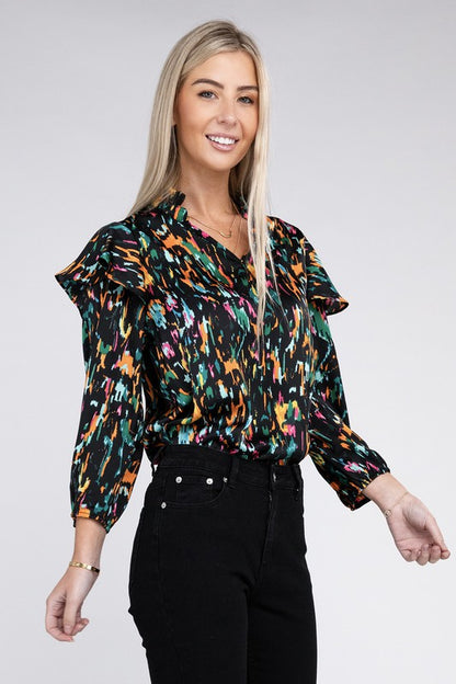 Multicolor Print Ruffle Blouse