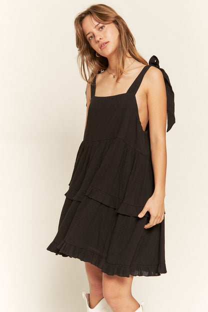 Black Square Neck Ruffle Dress