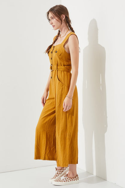 Sleeveless Square Neck Button Down Ankle Jumpsuit