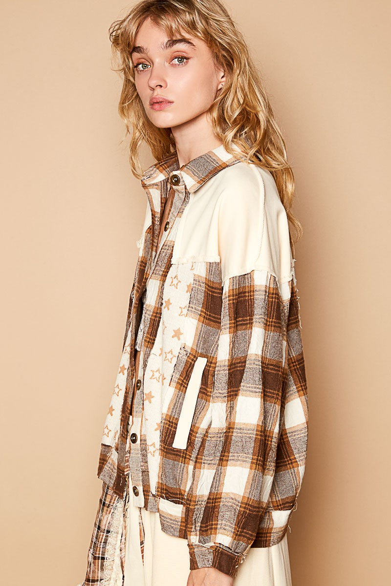 Plaid & Star Patchwork Contrast Long Sleeve Shacket