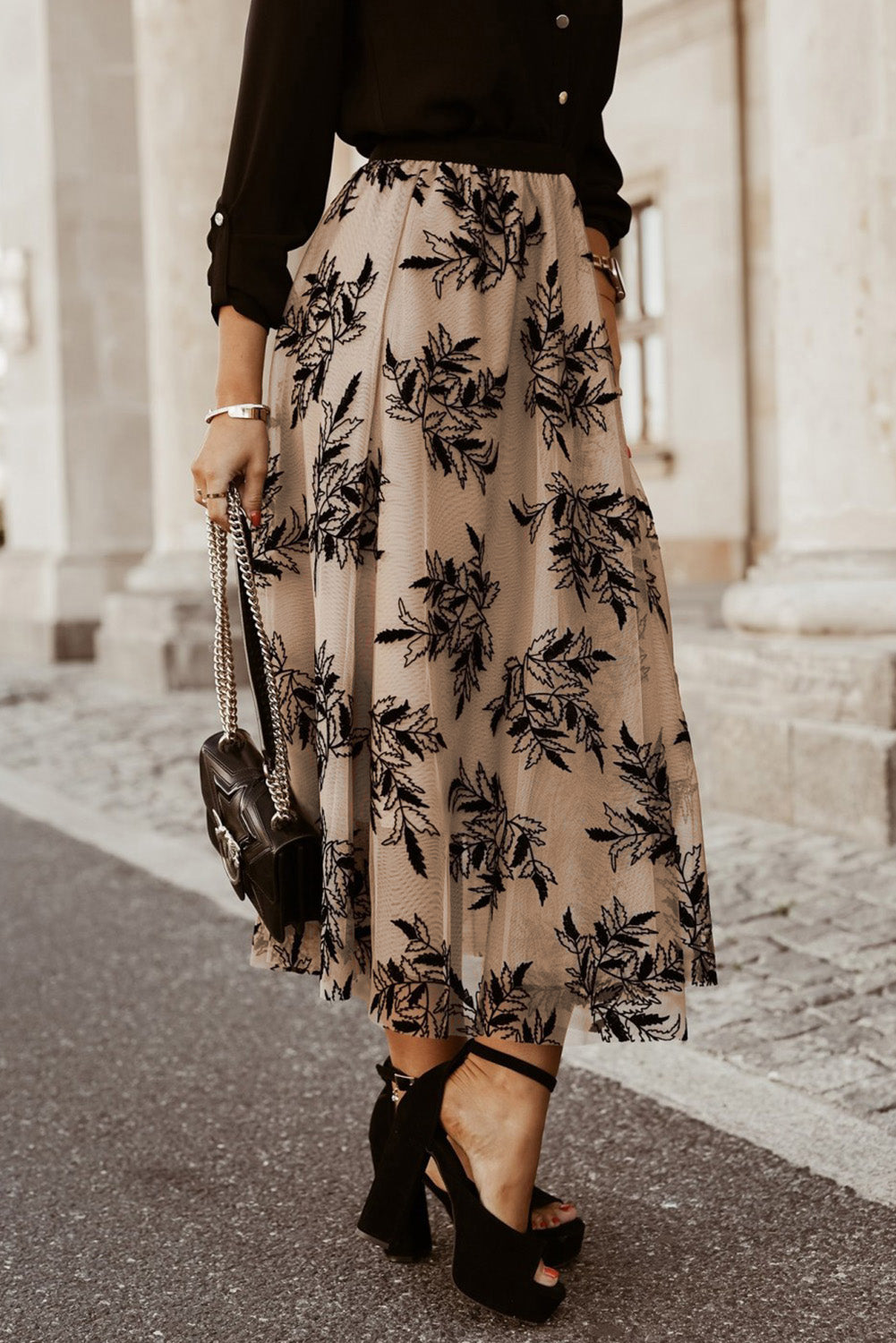 Apricot Floral Leaves High Waist Maxi Skirt