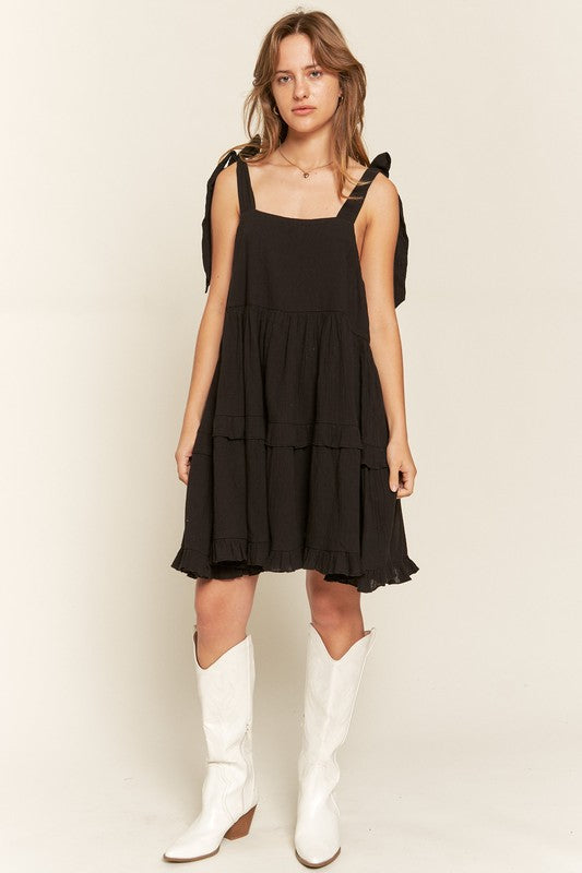 Black Square Neck Ruffle Dress