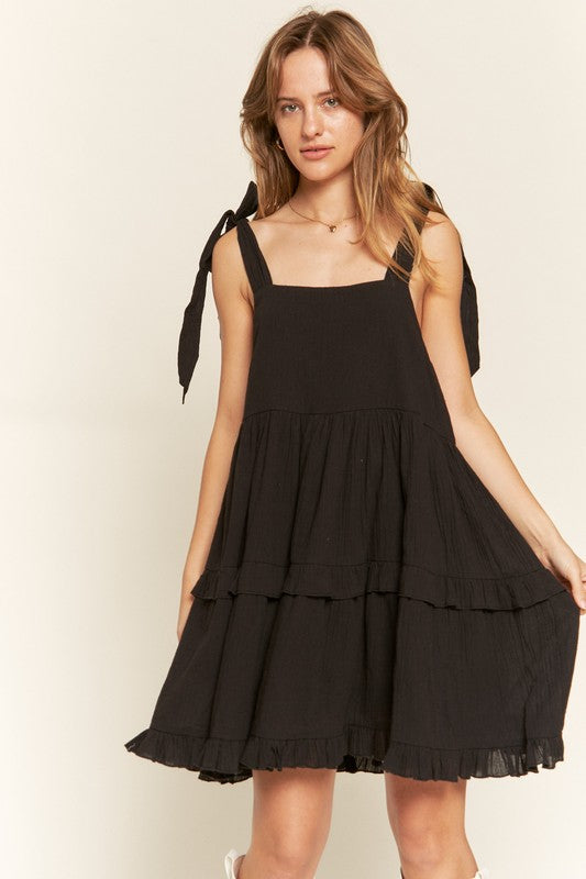 Black Square Neck Ruffle Dress