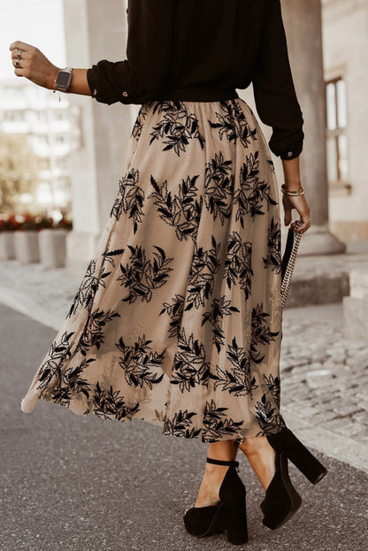 Apricot Floral Leaves High Waist Maxi Skirt