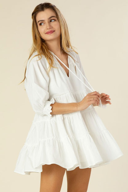 Off White Tiered Mini Dress with Tassel