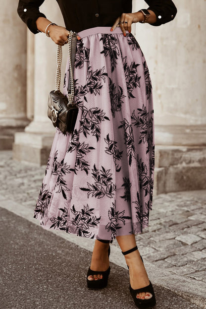 Apricot Floral Leaves High Waist Maxi Skirt