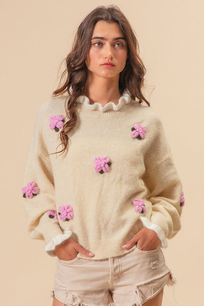 Ruffled Crochet Flower Sweater