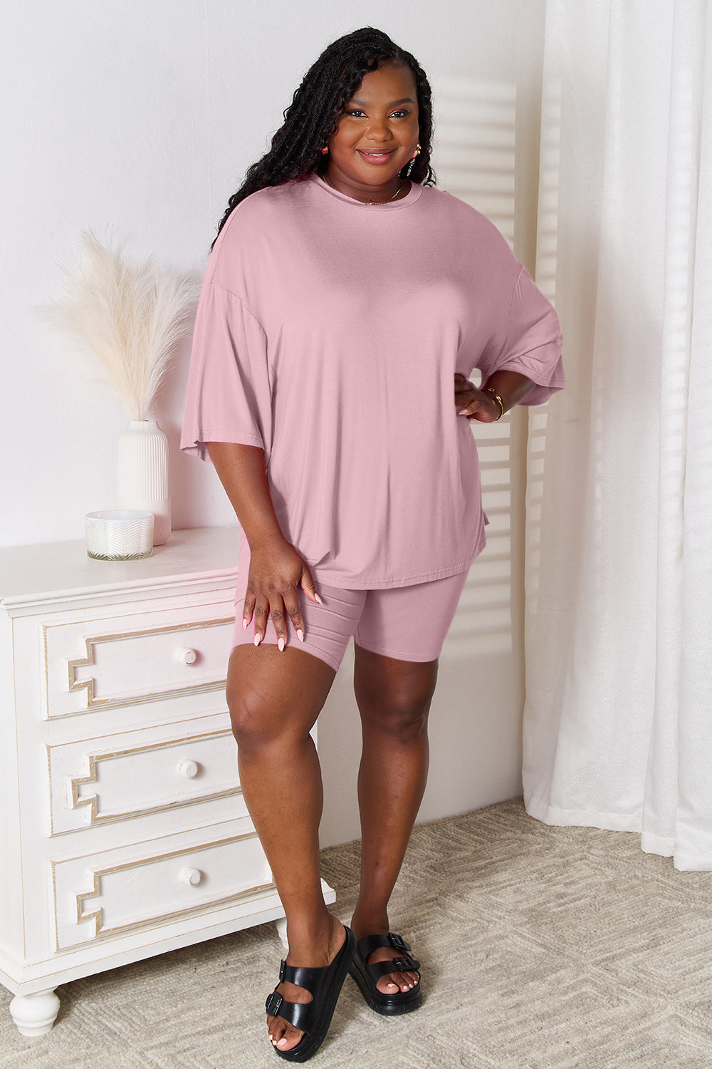 Soft Rayon Two-Piece Lounge Set – Relaxed Fit Three-Quarter Sleeve Top and Stretchy Shorts for Women, Plus-Size Available