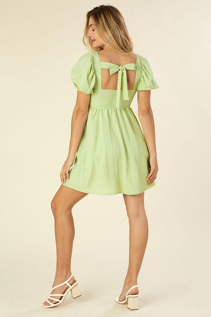 Green Tie back dress with puff sleeves