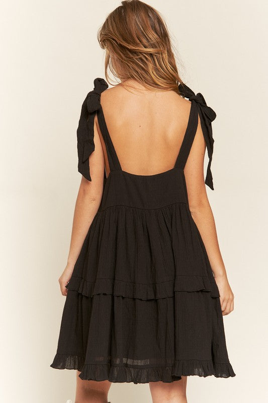 Black Square Neck Ruffle Dress