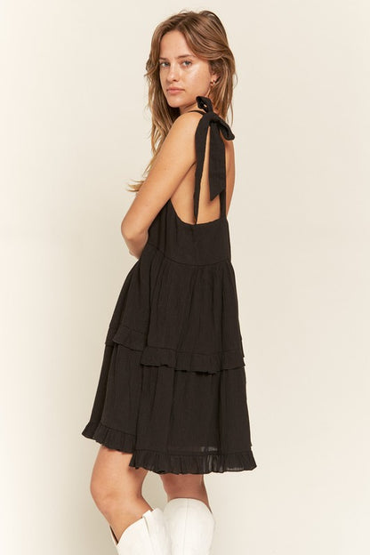 Black Square Neck Ruffle Dress