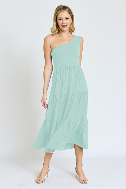 One Shoulder Ruffle Midi Dress