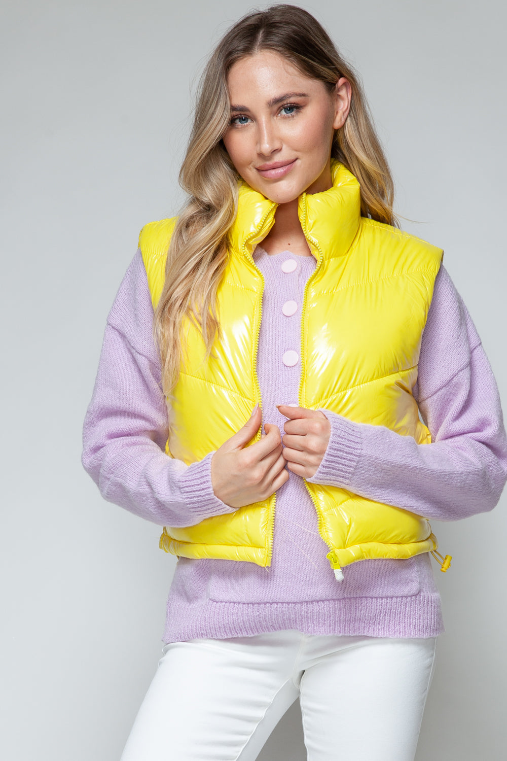 Yollow Zip Up Turtleneck Shiny Quilted Vest