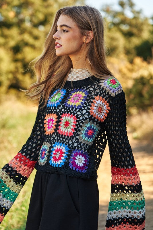 Floral Crochet Striped Sleeve Cropped Knit Sweater