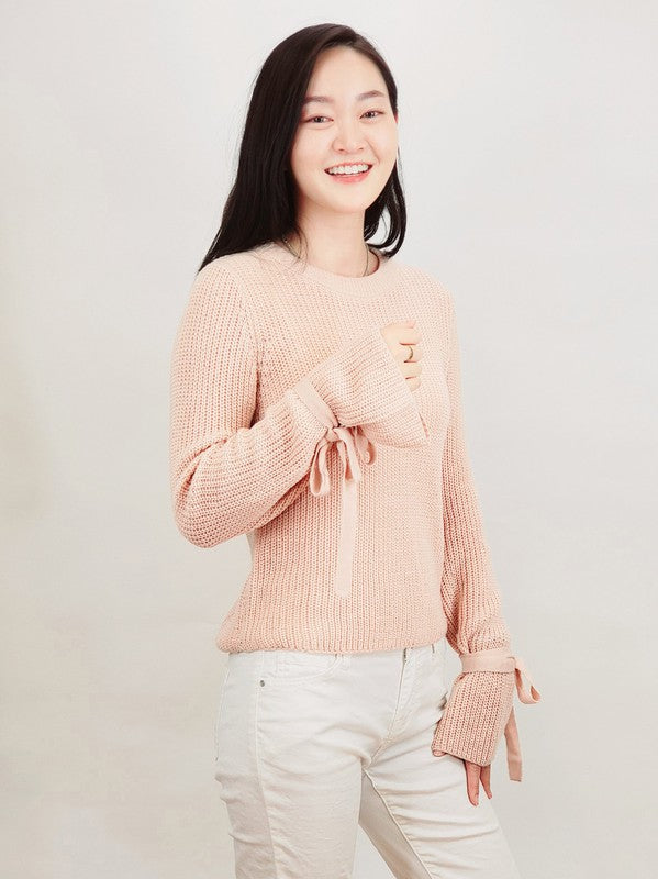 Bow Bell Sleeve Waffle Knit Sweater Pullover