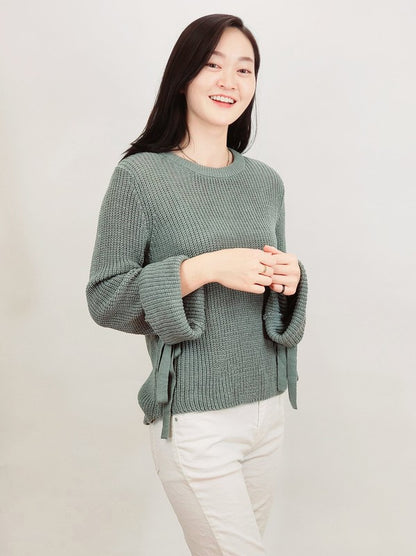 Bow Bell Sleeve Waffle Knit Sweater Pullover