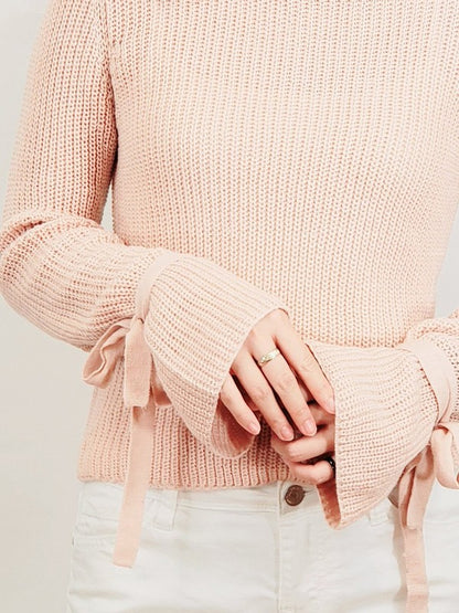 Bow Bell Sleeve Waffle Knit Sweater Pullover