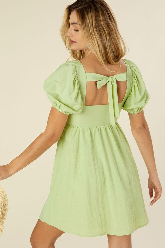 Green Tie back dress with puff sleeves