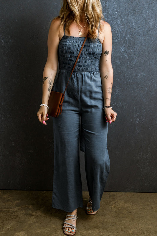 Tied Smocked Wide Leg Linen Jumpsuit