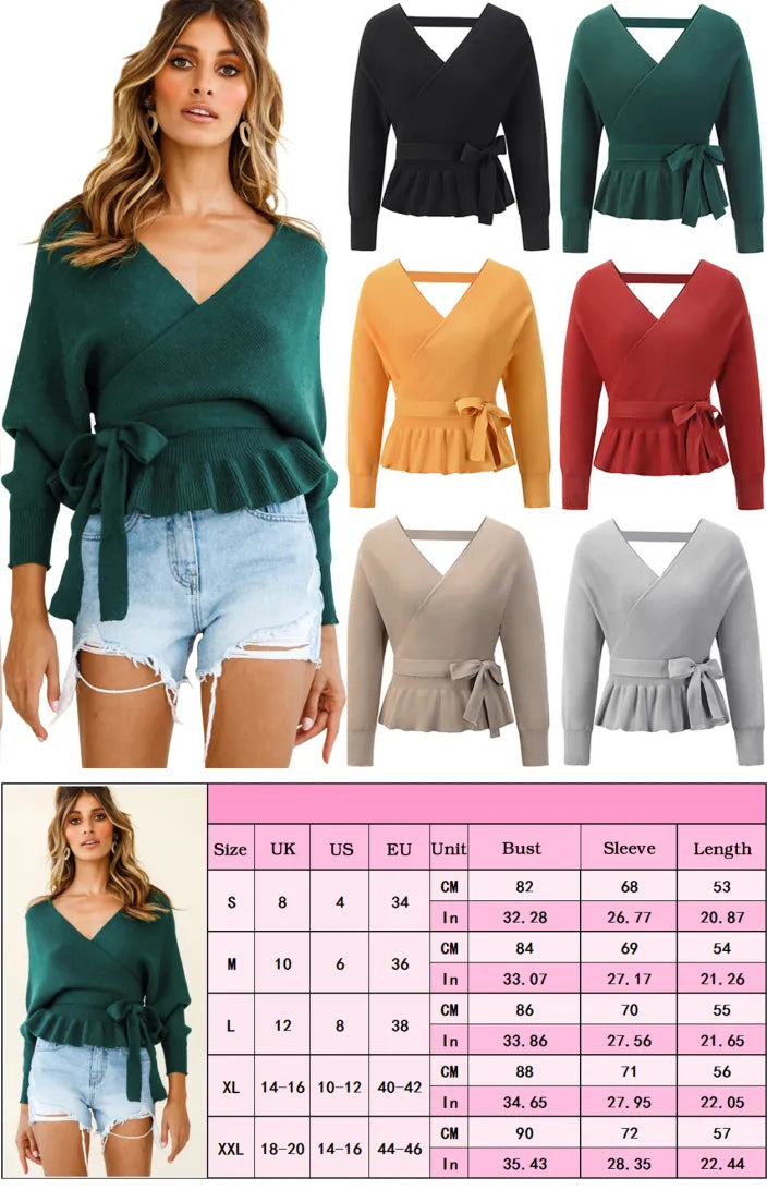 Long Sleeve Belted Waist Ruffle Knitted Sweater