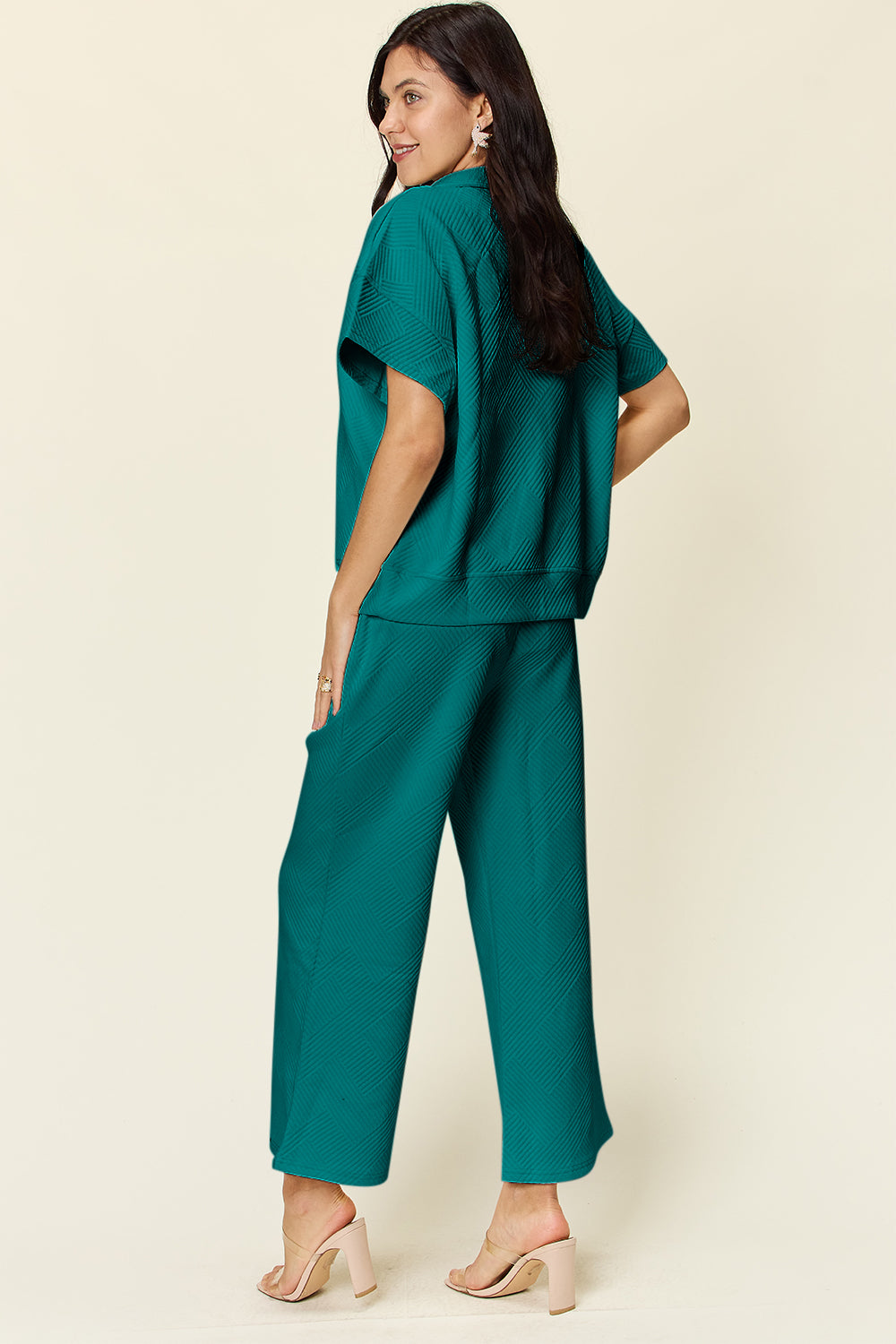 Double Take Full Size Texture Half Zip Short Sleeve Top and Pants Set