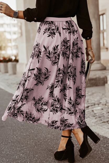 Apricot Floral Leaves High Waist Maxi Skirt