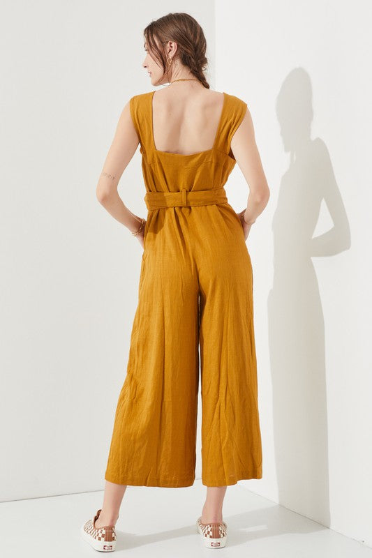 Sleeveless Square Neck Button Down Ankle Jumpsuit