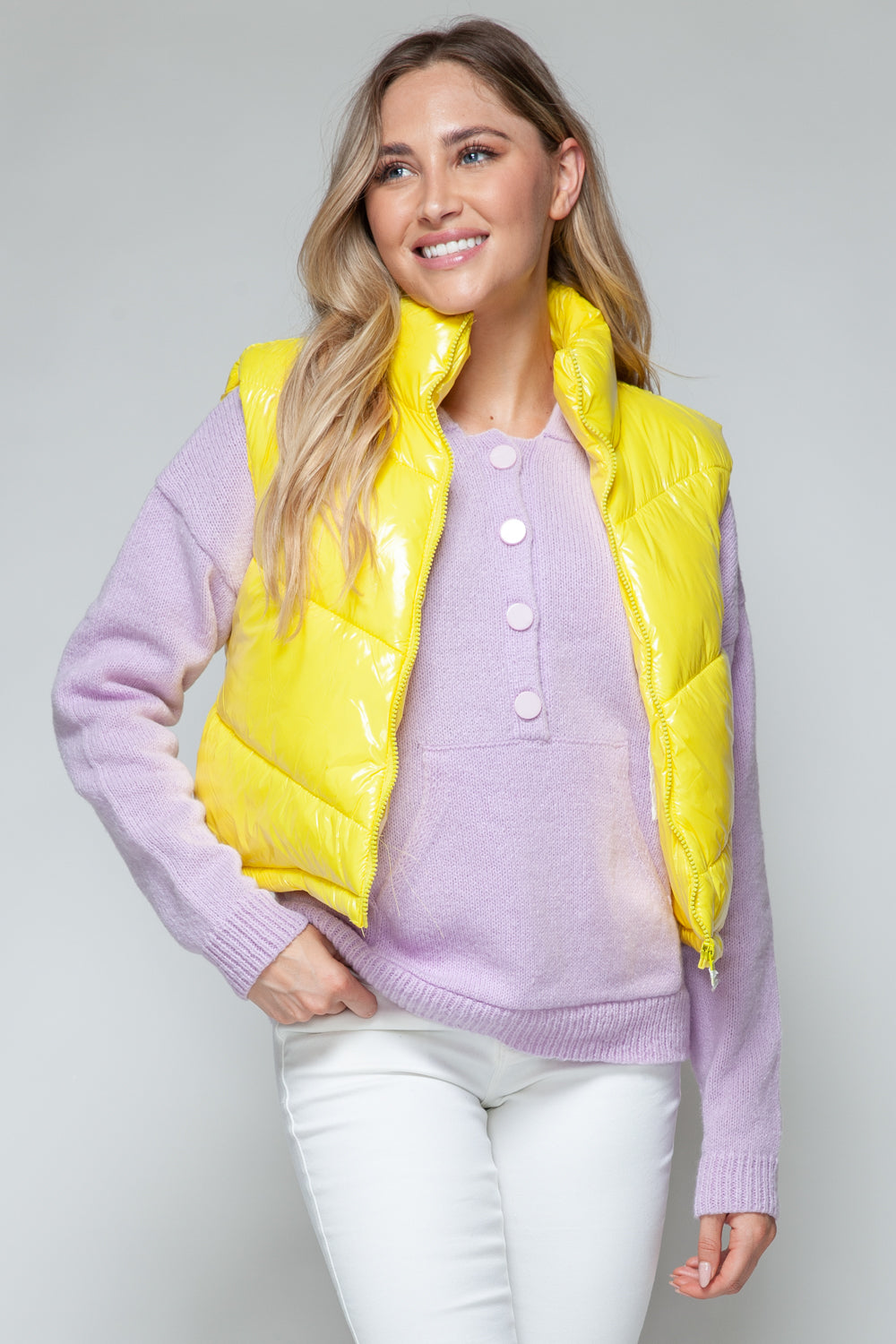 Yollow Zip Up Turtleneck Shiny Quilted Vest