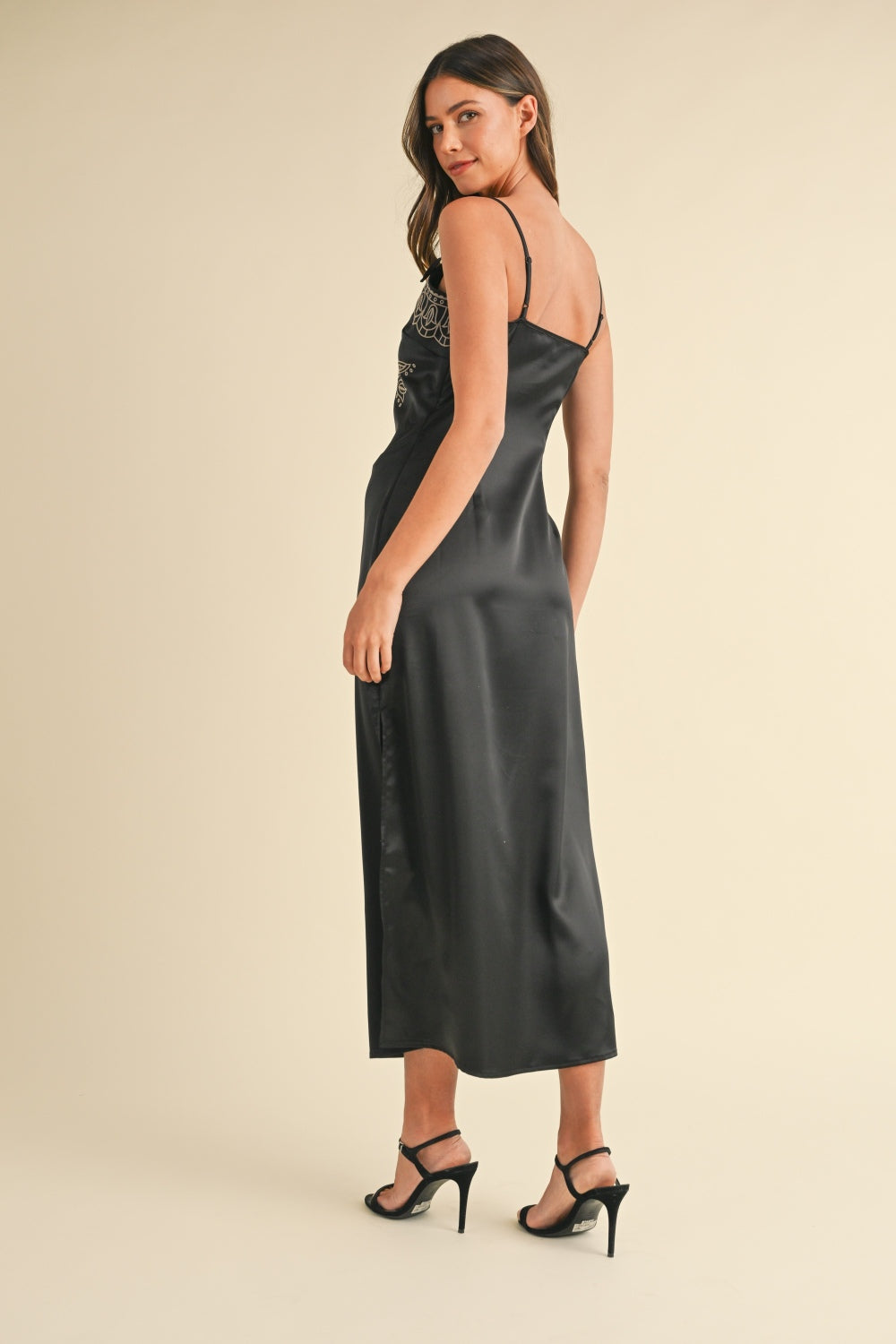 Embroidered Cami Satin Midi Slit Dress