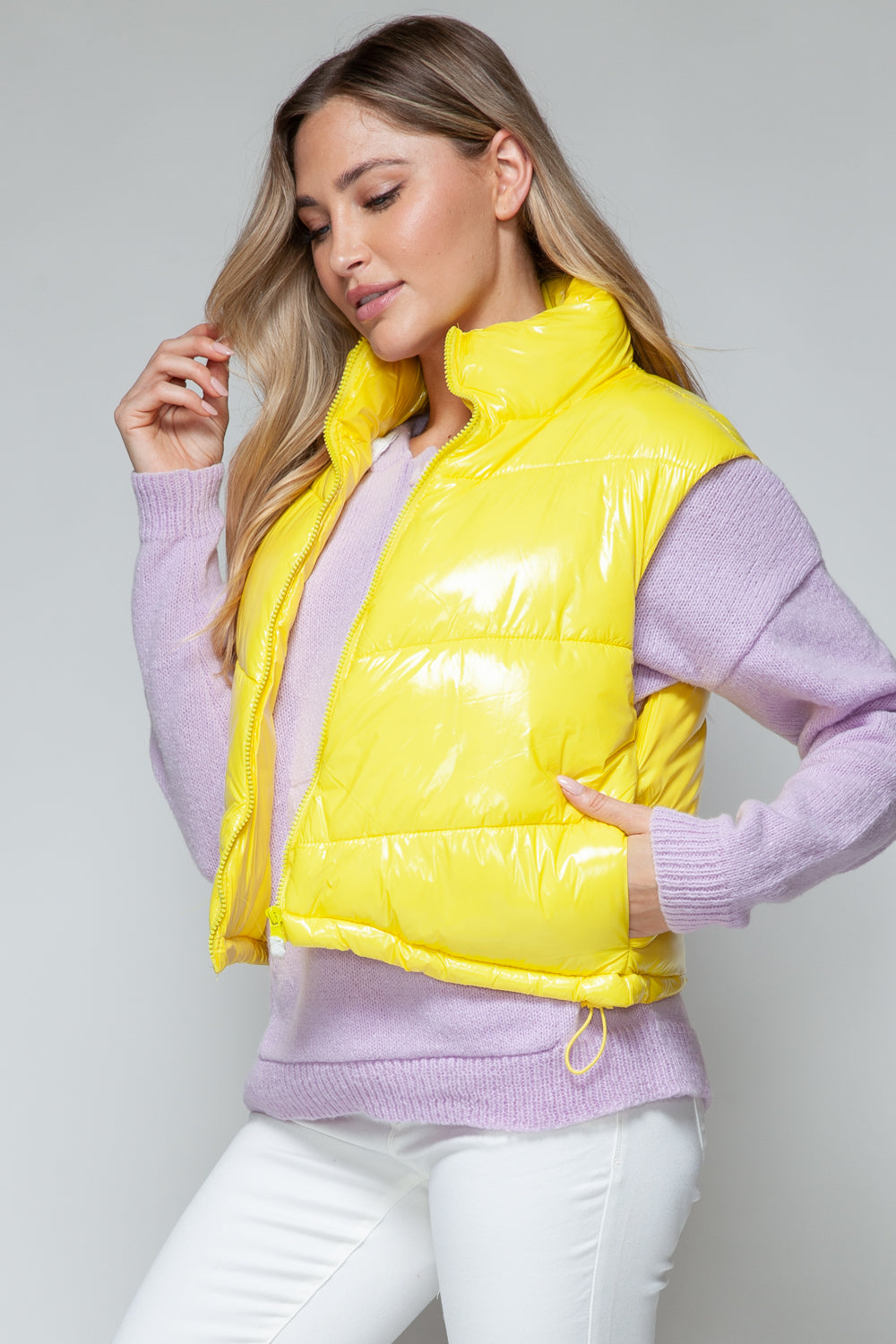 Yollow Zip Up Turtleneck Shiny Quilted Vest