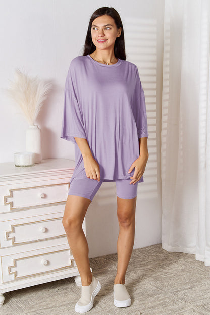 Soft Rayon Two-Piece Lounge Set – Relaxed Fit Three-Quarter Sleeve Top and Stretchy Shorts for Women, Plus-Size Available