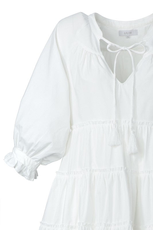 Off White Tiered Mini Dress with Tassel