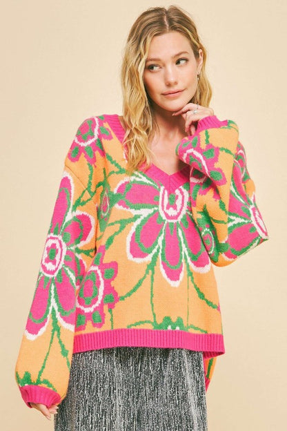 Floral Contrast V-Neck  Sweater