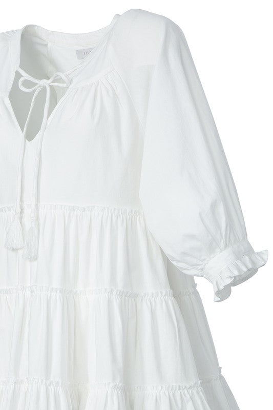 Off White Tiered Mini Dress with Tassel