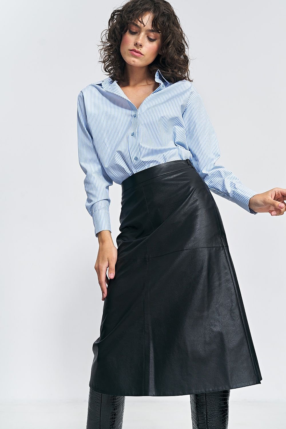 Black Leather Trapeze Midi Skirt