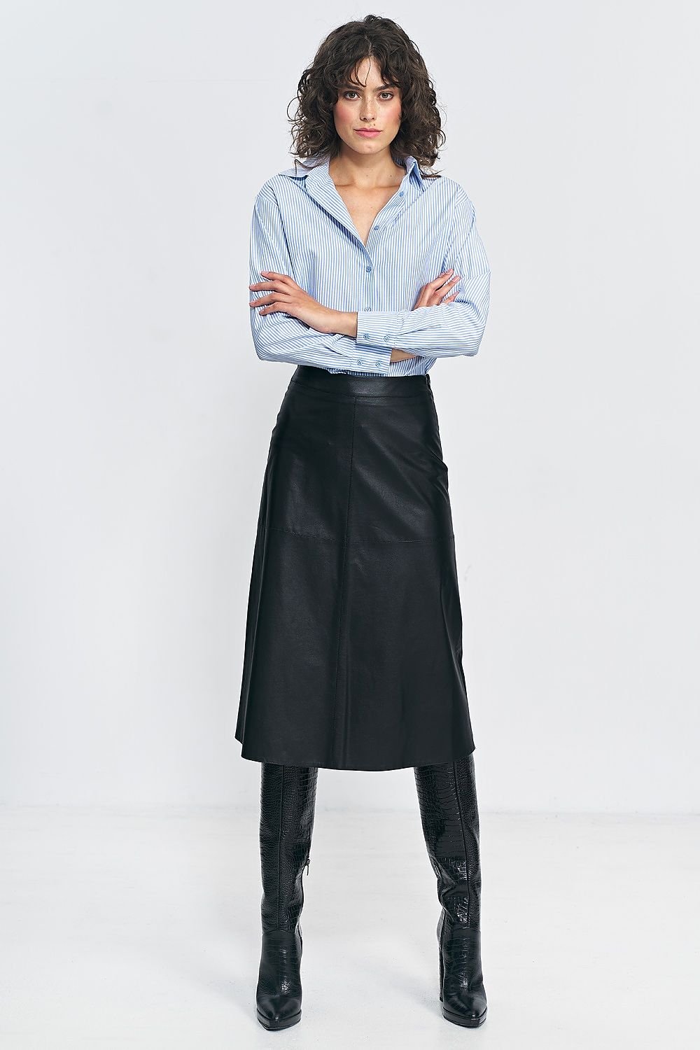 Black Leather Trapeze Midi Skirt