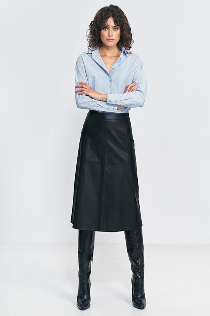 Black Leather Trapeze Midi Skirt