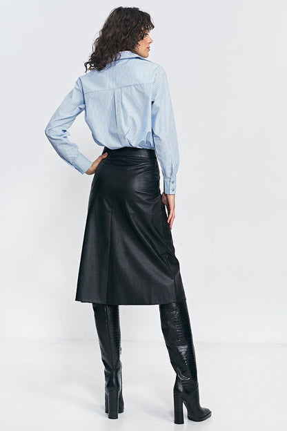 Black Leather Trapeze Midi Skirt