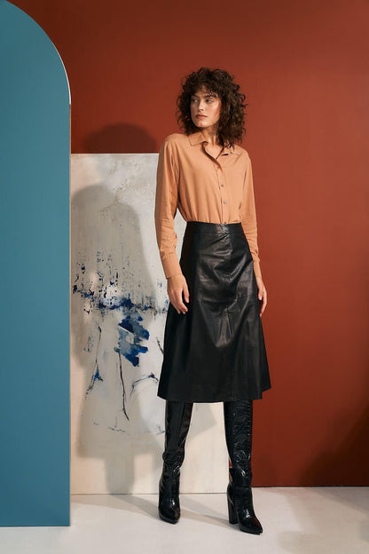 Black Leather Trapeze Midi Skirt