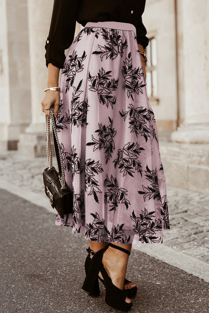 Apricot Floral Leaves High Waist Maxi Skirt