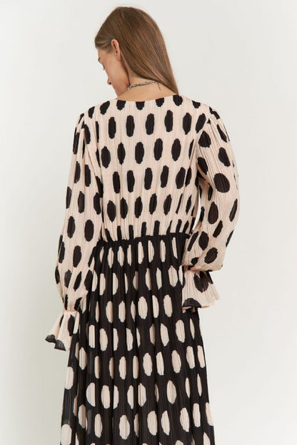 Polka Dot Ruffled Long Sleeve Pleated Maxi Dress