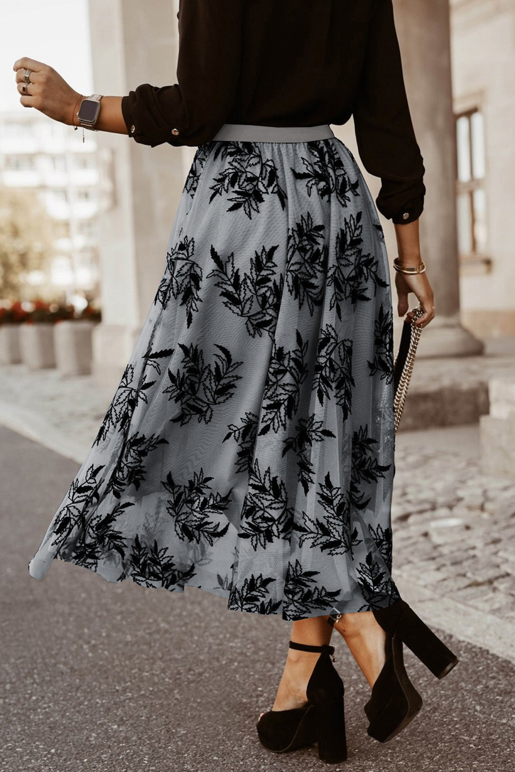 Apricot Floral Leaves High Waist Maxi Skirt