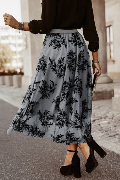 Apricot Floral Leaves High Waist Maxi Skirt