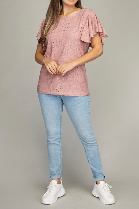 Embroidered eyelet top with wing sleeve