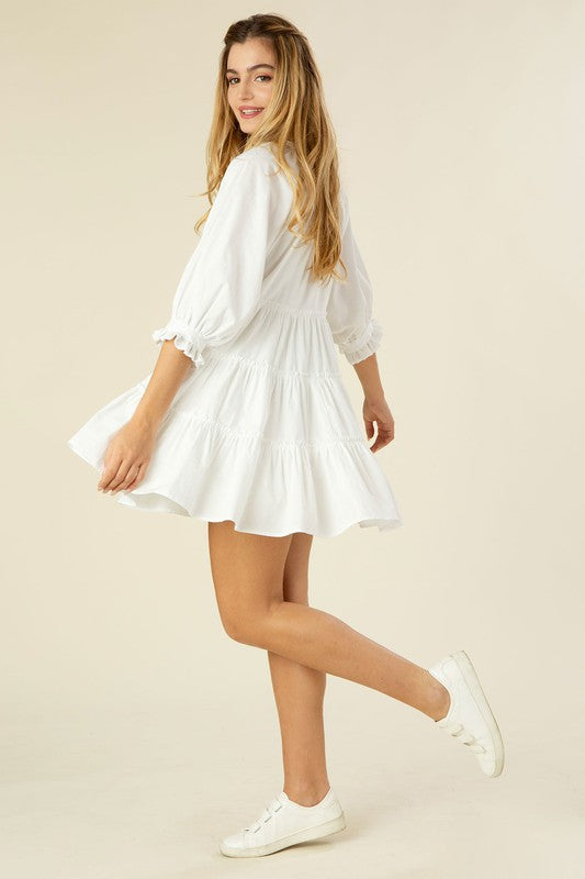 Off White Tiered Mini Dress with Tassel